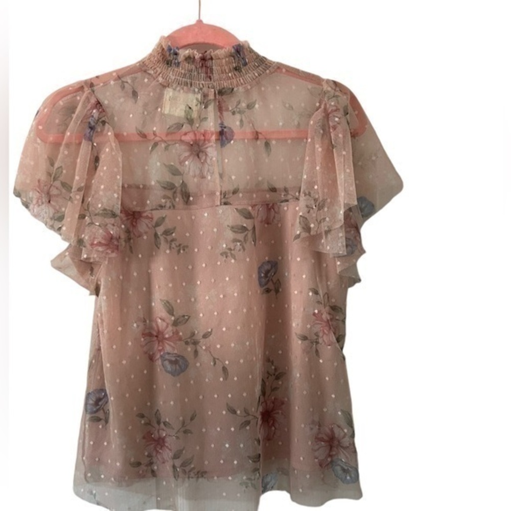 Sheer Floral Light‎ Pink Top W/ Lace Overlay Size Large